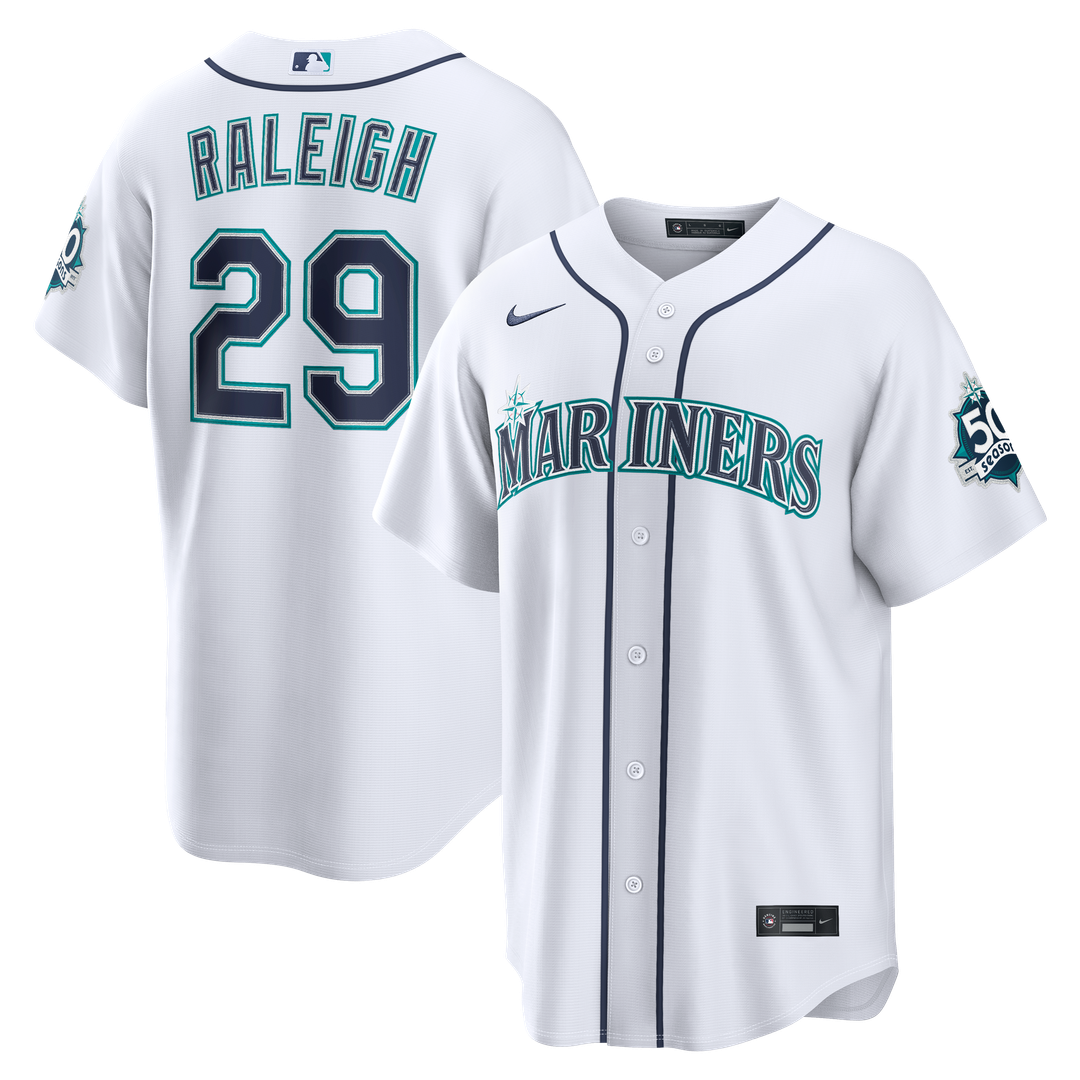 Seattle Mariners Nike Cal Raleigh Home Stadium 50th Season Patch Baseball Jersey - White