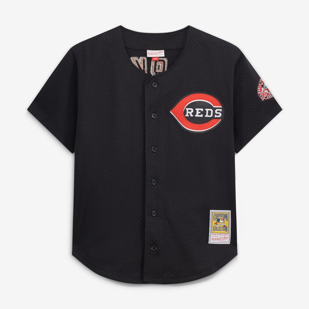 Cincinnati Reds Mitchell & Ness Barry Larkin Cooperstown Collection Mesh Batting Practice Button-Up Baseball Jersey - Black