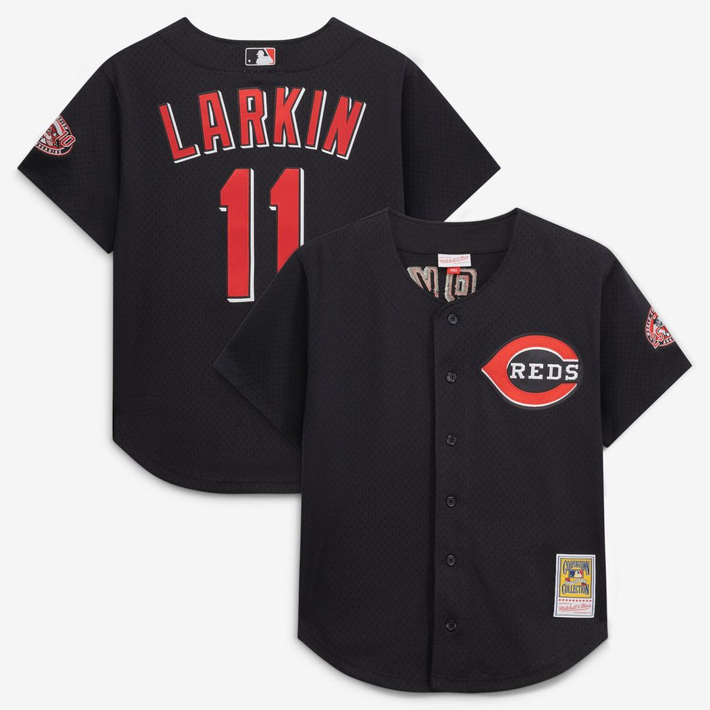 Cincinnati Reds Mitchell & Ness Barry Larkin Cooperstown Collection Mesh Batting Practice Button-Up Baseball Jersey - Black