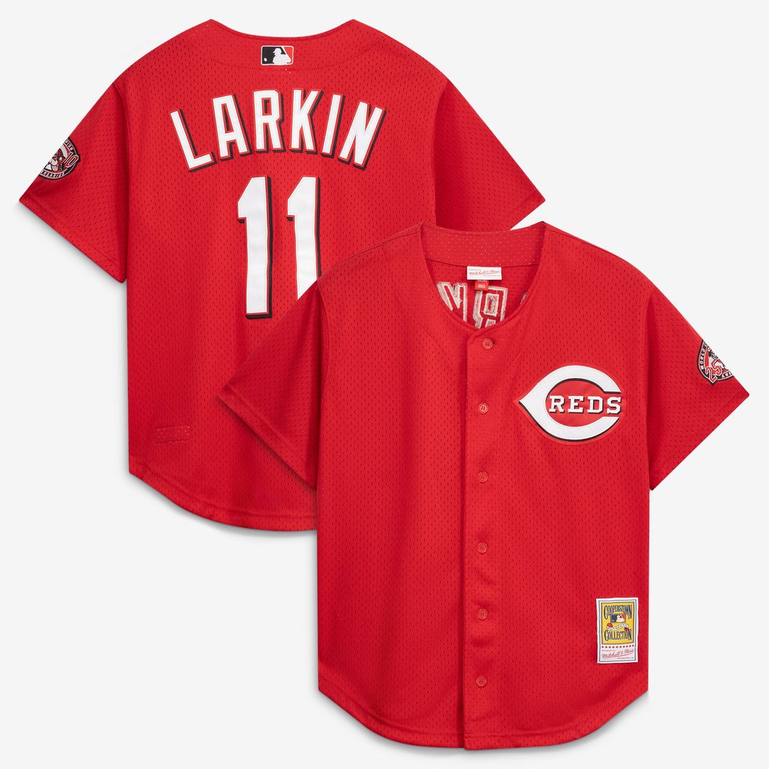 Cincinnati Reds Mitchell & Ness Barry Larkin Cooperstown Collection Mesh Batting Practice Button-Up Baseball Jersey - Black