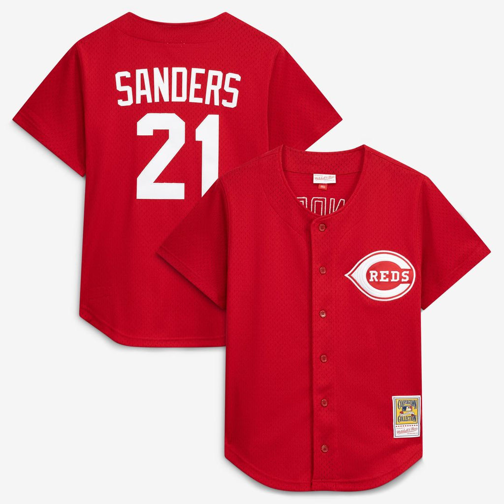 Cincinnati Reds Mitchell & Ness Deion Sanders Cooperstown Mesh Batting Practice Button-Up Baseball Jersey - Red