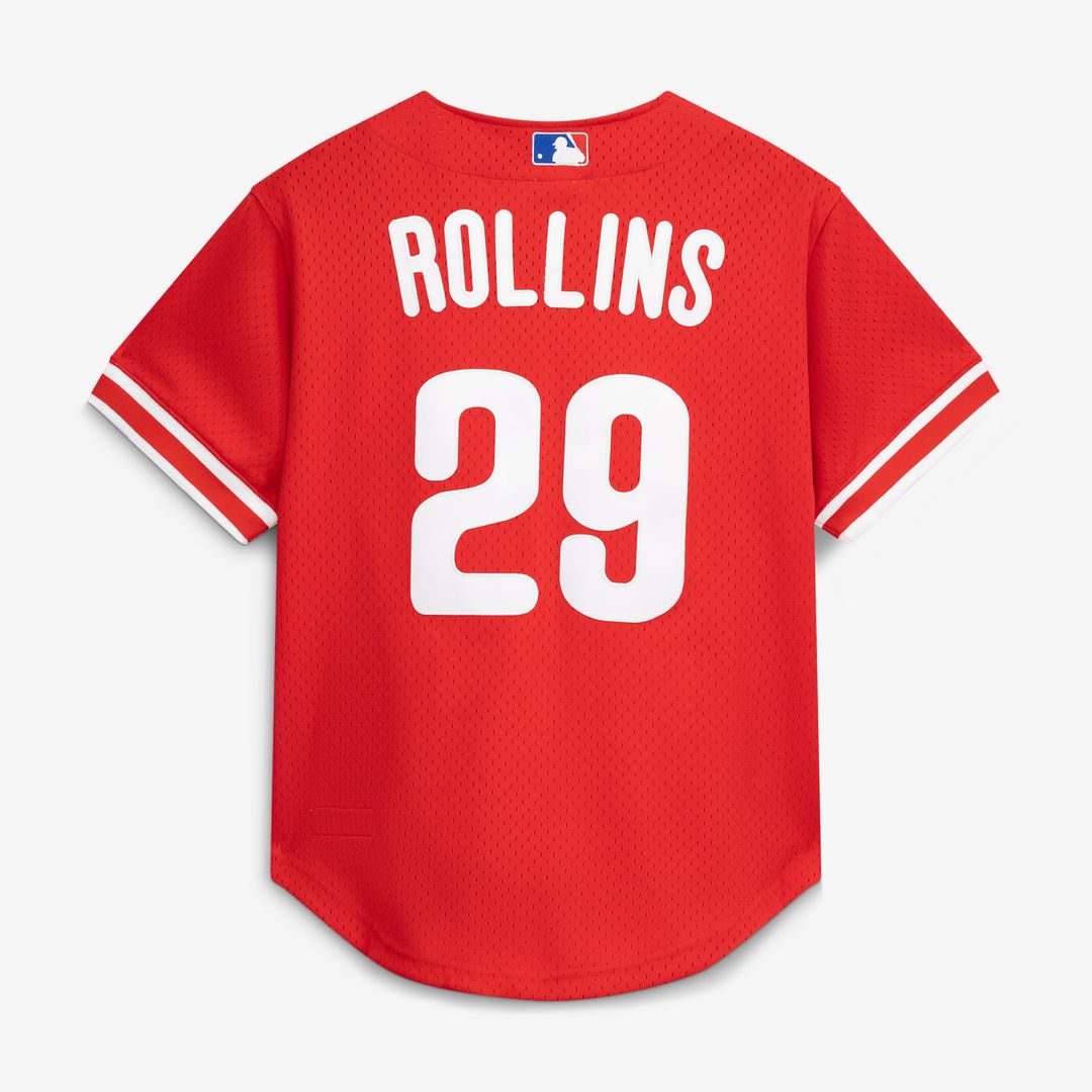 Philadelphia Phillies Mitchell & Ness Jimmy Rollins Cooperstown Mesh Batting Practice Button-Up Baseball Jersey - Red